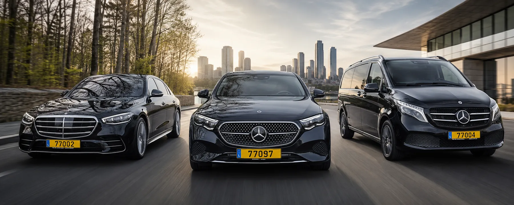 Mercedes Classe S, Classe E et Classe V noires devant la skyline de Luxembourg