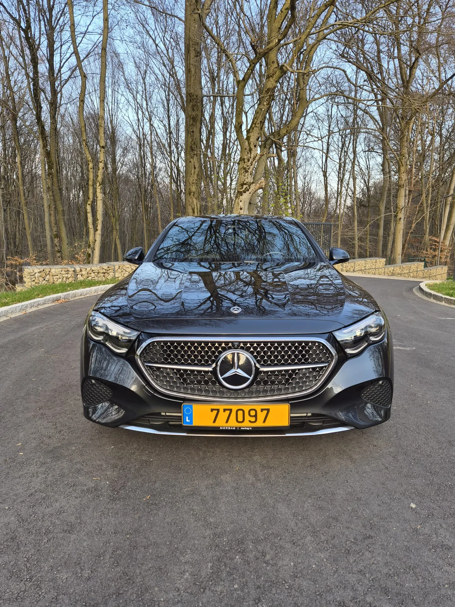 Mercedes Classe E noire vue de face sur une route bordée d'arbres